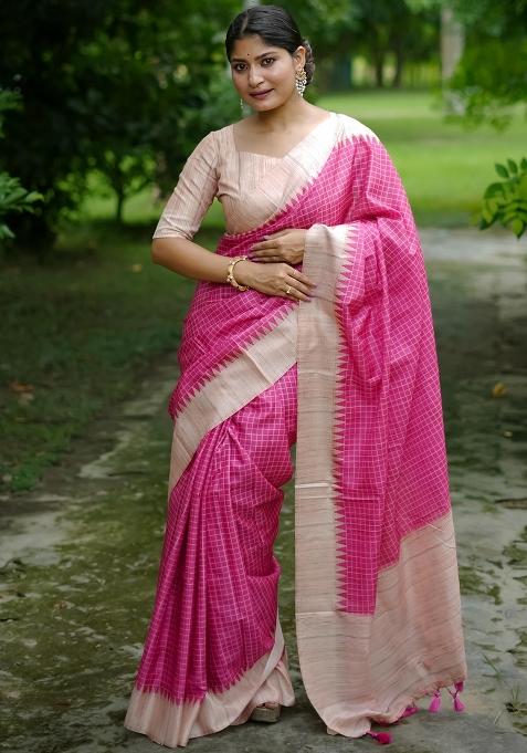 Rani Pink Embroidered Tussar Silk Saree Set
