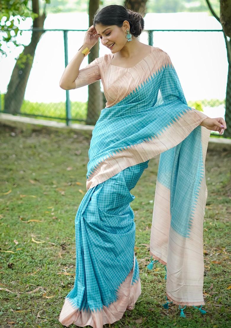 Sky Blue Embroidered Tussar Silk Saree Set