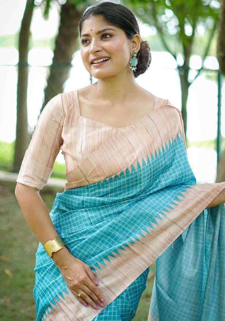 Sky Blue Embroidered Tussar Silk Saree Set