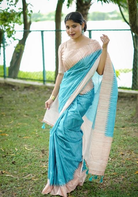 Sky Blue Embroidered Tussar Silk Saree Set