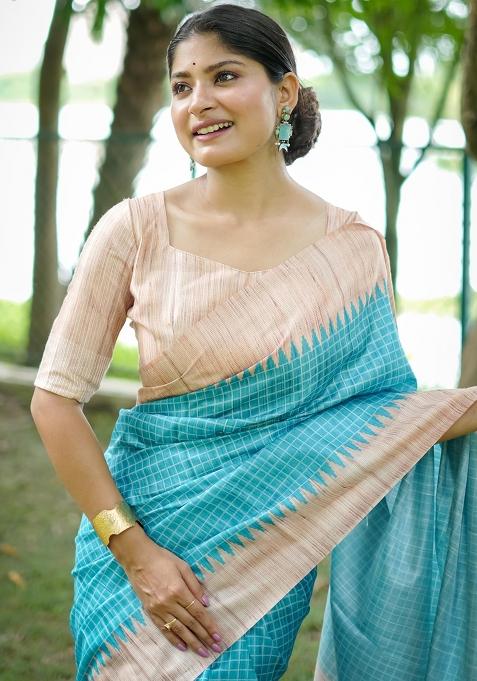 Sky Blue Embroidered Tussar Silk Saree Set