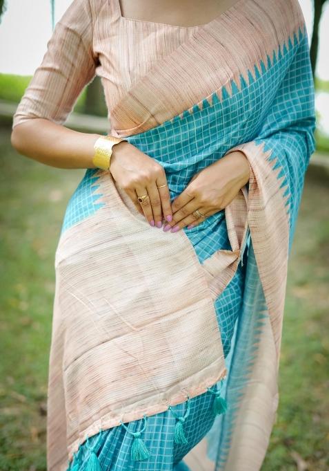 Sky Blue Embroidered Tussar Silk Saree Set
