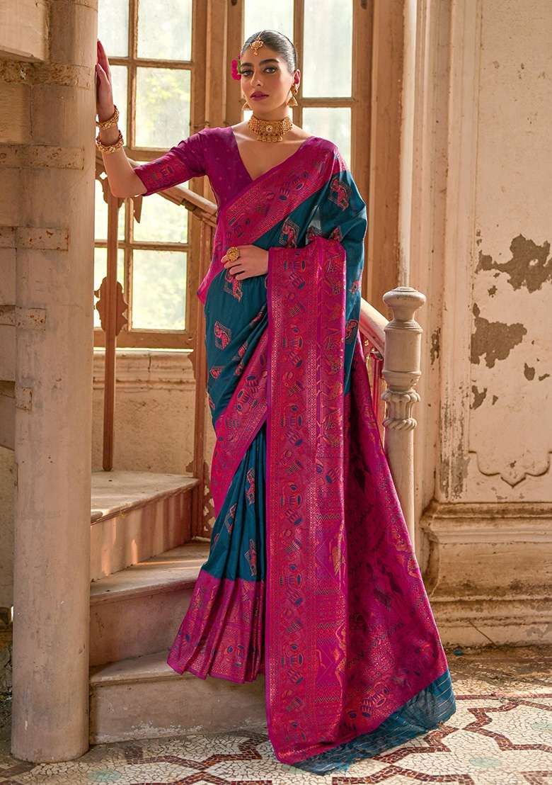 Blue Embroidered Kanjivaram Silk Blend Saree Set - Indya