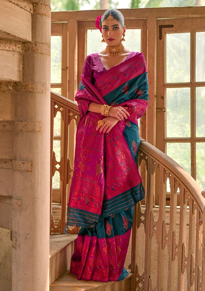 Blue Embroidered Kanjivaram Silk Blend Saree Set - Indya