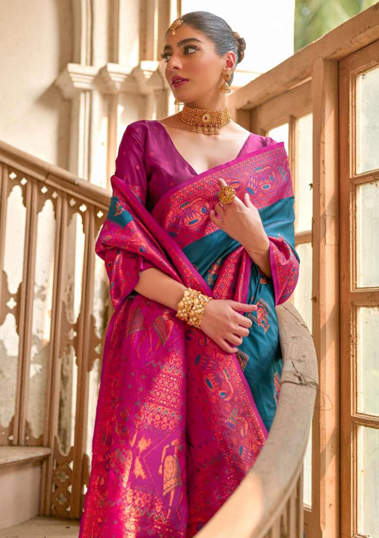 Blue Embroidered Kanjivaram Silk Blend Saree Set - Indya