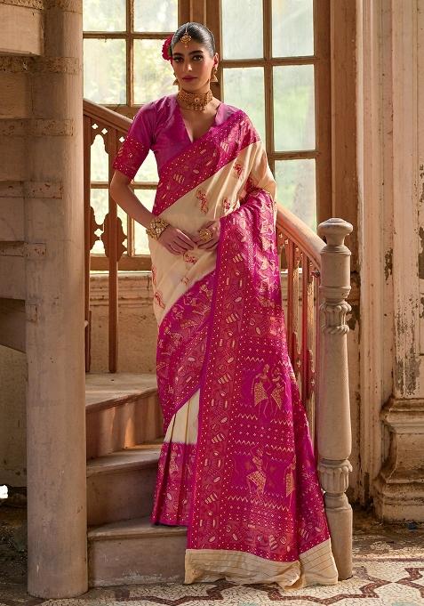 Cream Embroidered Kanjivaram Silk Saree Set