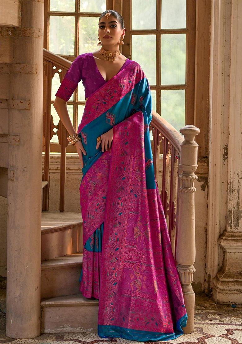 Firozi Embroidered Kanjivaram Silk Saree Set