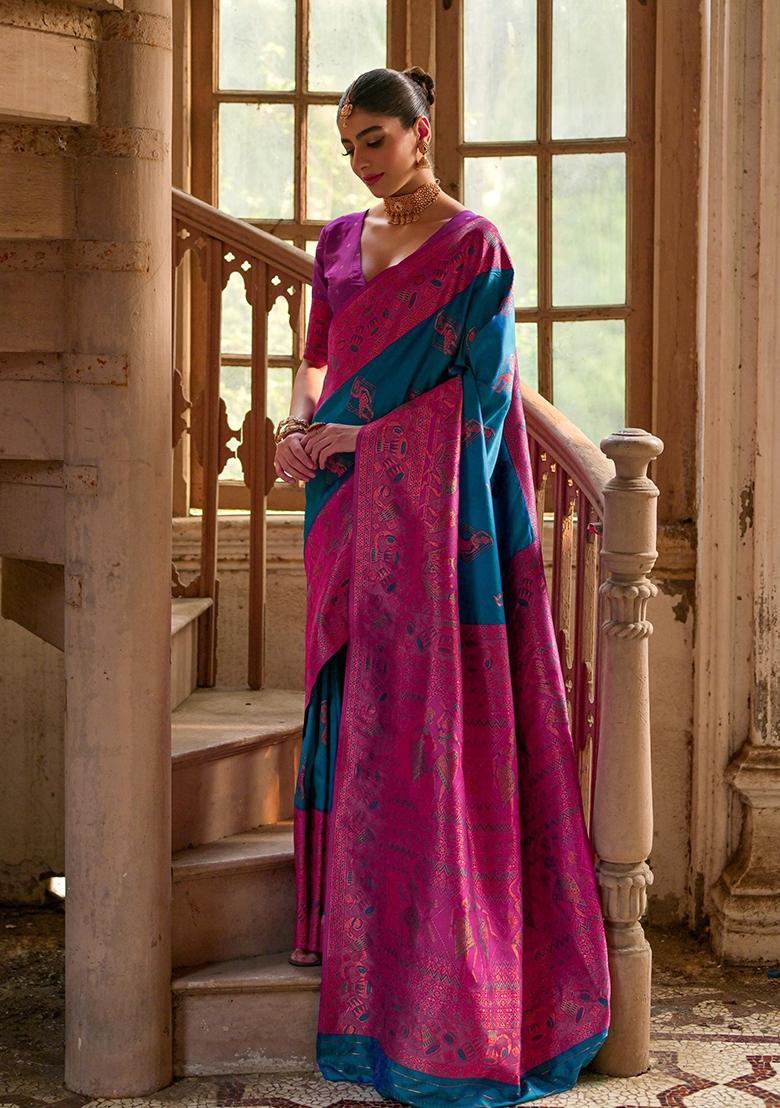 Firozi Embroidered Kanjivaram Silk Saree Set