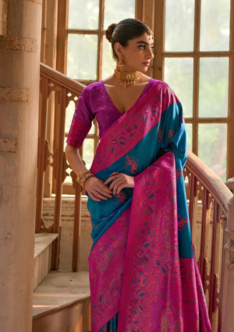 Firozi Embroidered Kanjivaram Silk Saree Set