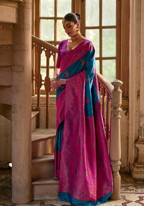 Firozi Embroidered Kanjivaram Silk Saree Set