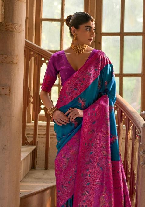 Firozi Embroidered Kanjivaram Silk Saree Set