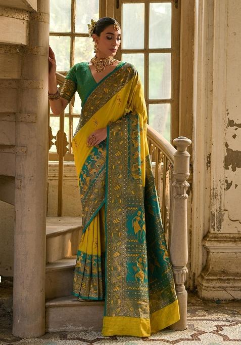 Lemon Yellow Embroidered Kanjivaram Silk Saree Set