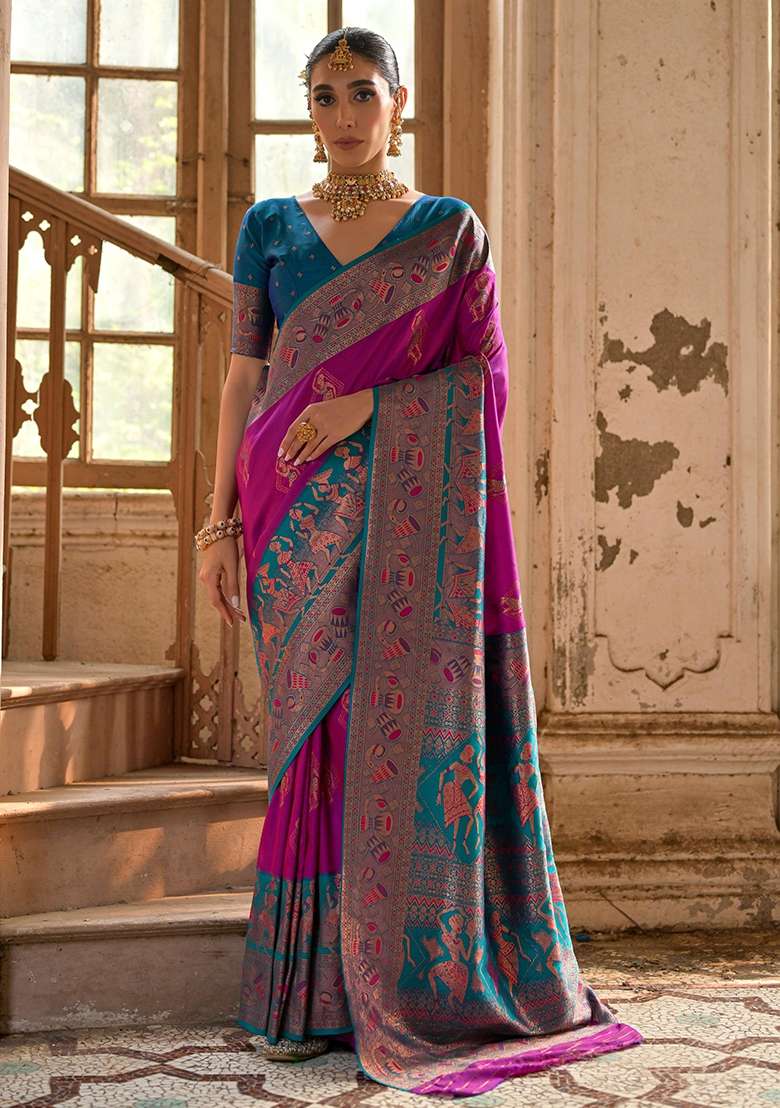 Wine Embroidered Kanjivaram Silk Blend Saree Set - Indya