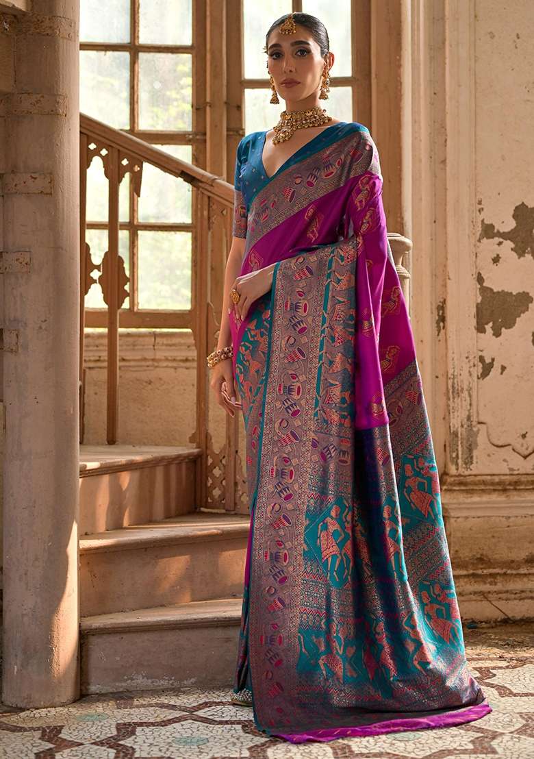 Wine Embroidered Kanjivaram Silk Blend Saree Set - Indya