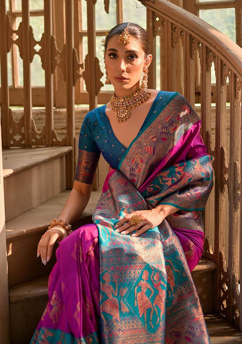Wine Embroidered Kanjivaram Silk Blend Saree Set - Indya