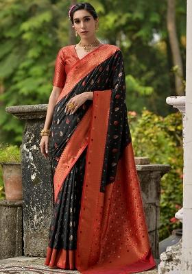 Black Embroidered Banarasi Silk Blend Saree Set