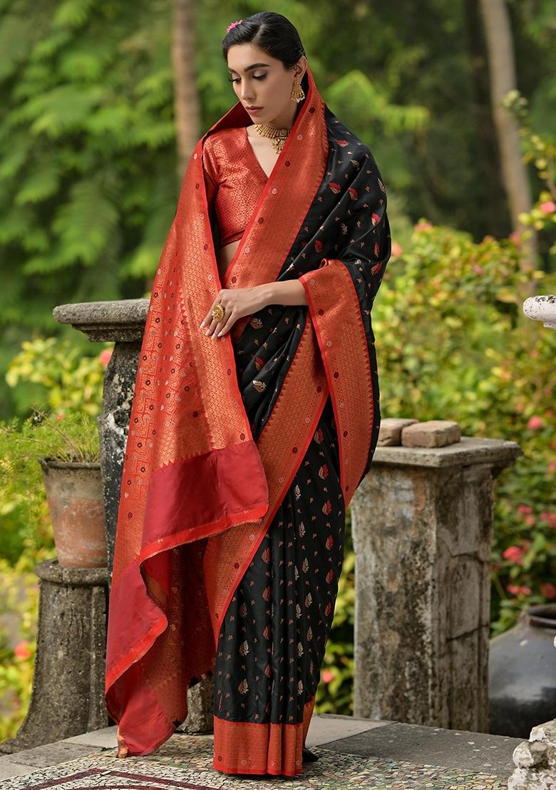Black Embroidered Banarasi Silk Saree Set