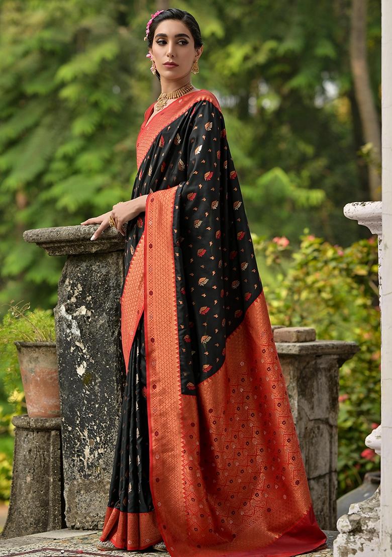 Black Embroidered Banarasi Silk Saree Set