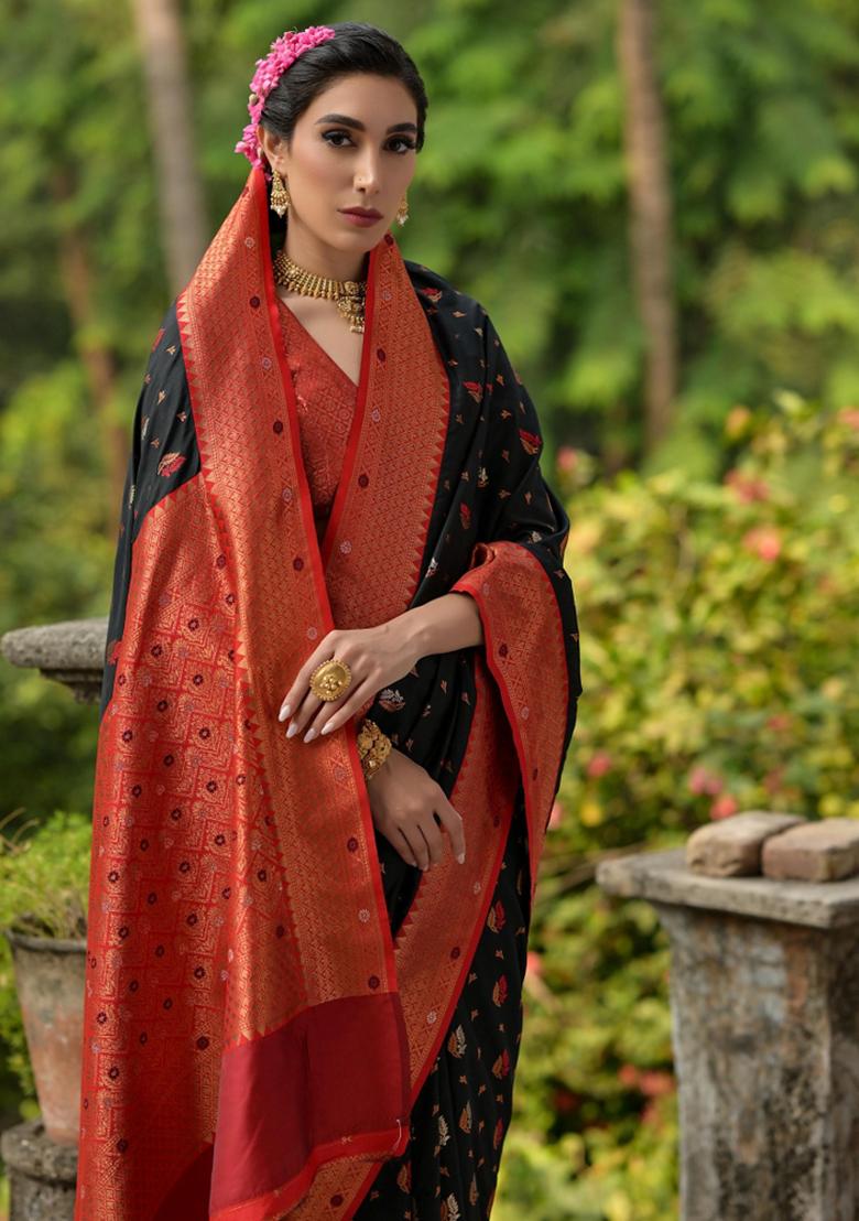 Black Embroidered Banarasi Silk Saree Set