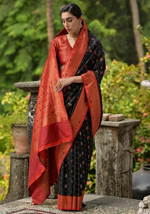 Black Embroidered Banarasi Silk Saree Set