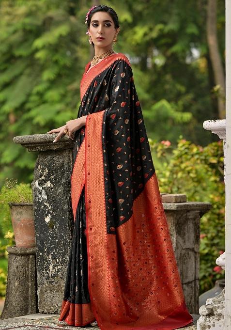 Black Embroidered Banarasi Silk Saree Set