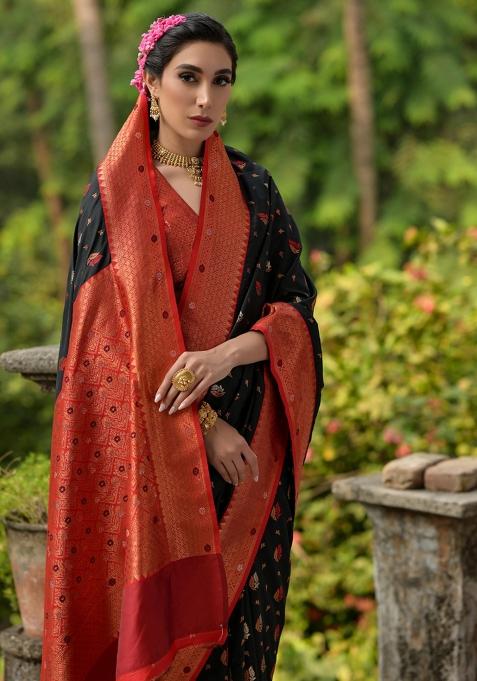 Black Embroidered Banarasi Silk Saree Set