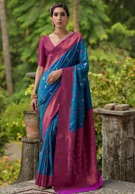 Blue Embroidered Banarasi Silk Blend Saree Set