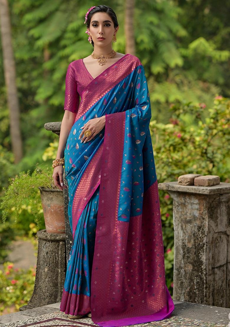 Blue Embroidered Banarasi Silk Saree Set