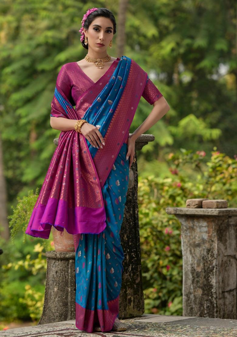 Blue Embroidered Banarasi Silk Saree Set