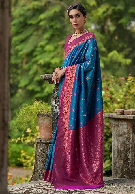 Blue Embroidered Banarasi Silk Saree Set