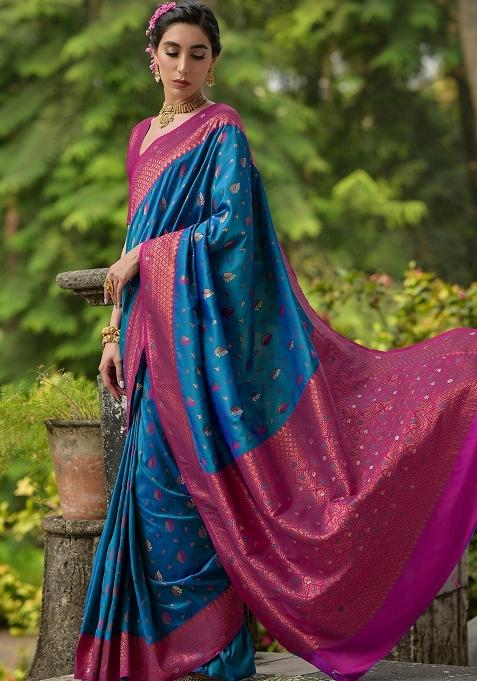 Blue Embroidered Banarasi Silk Saree Set