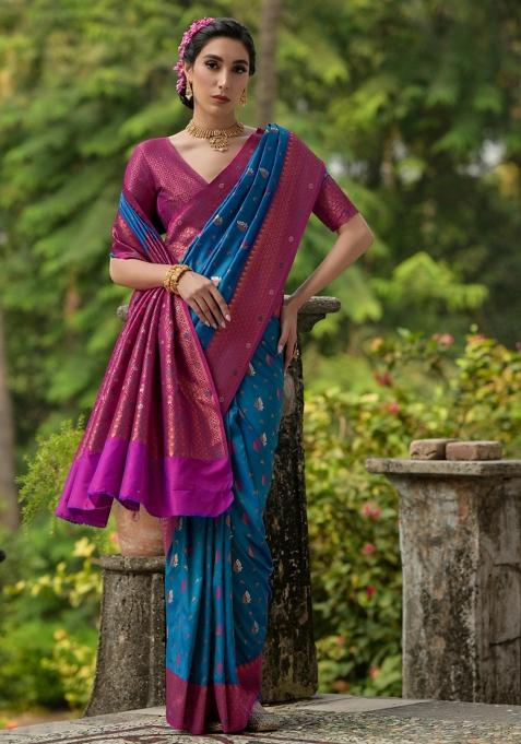 Blue Embroidered Banarasi Silk Saree Set