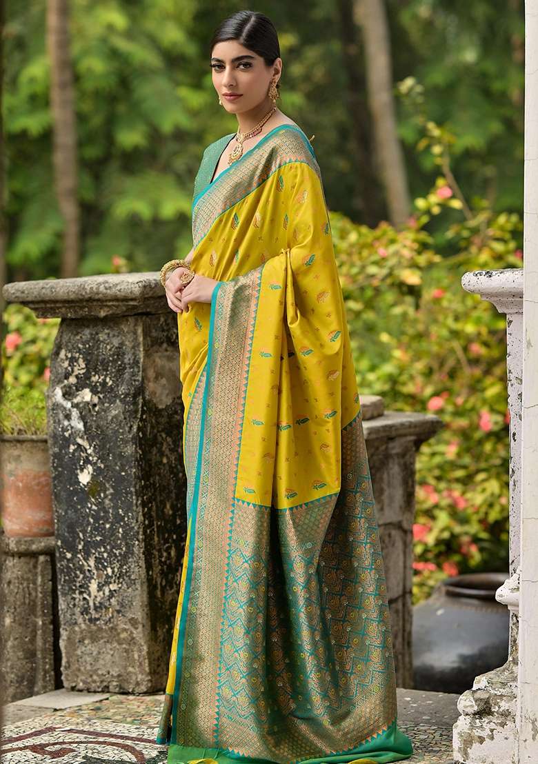 Lemon Yellow Embroidered Banarasi Silk Blend Saree Set - Indya