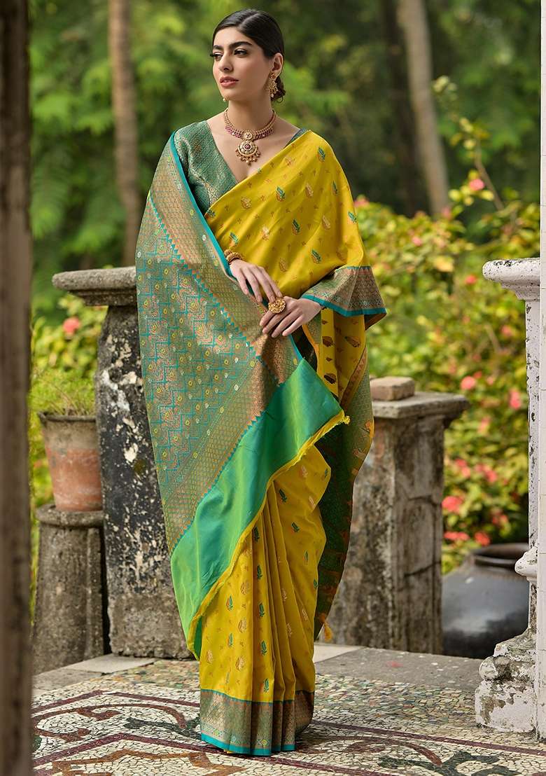 Lemon Yellow Embroidered Banarasi Silk Blend Saree Set - Indya