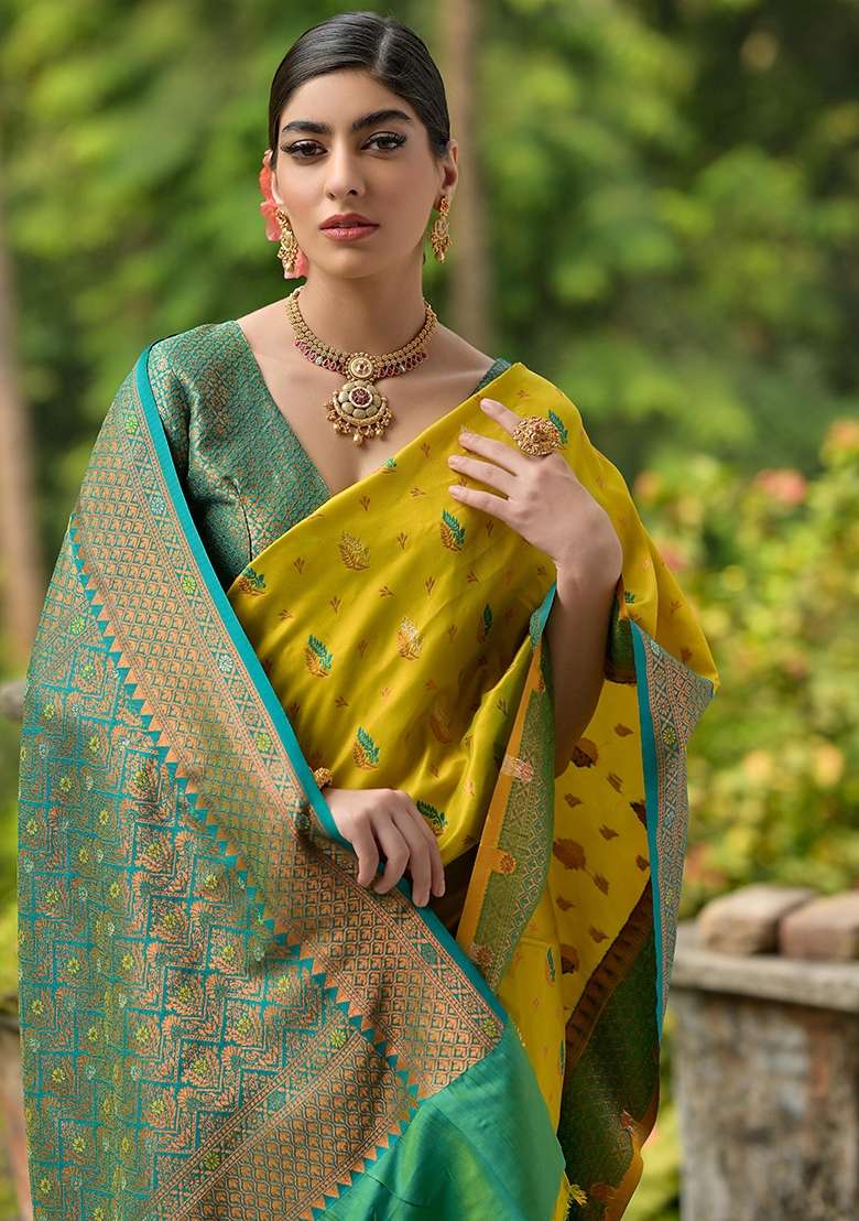 Lemon Yellow Embroidered Banarasi Silk Blend Saree Set - Indya
