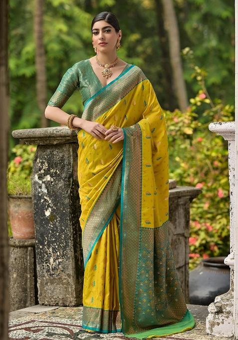 Lemon Yellow Embroidered Banarasi Silk Saree Set