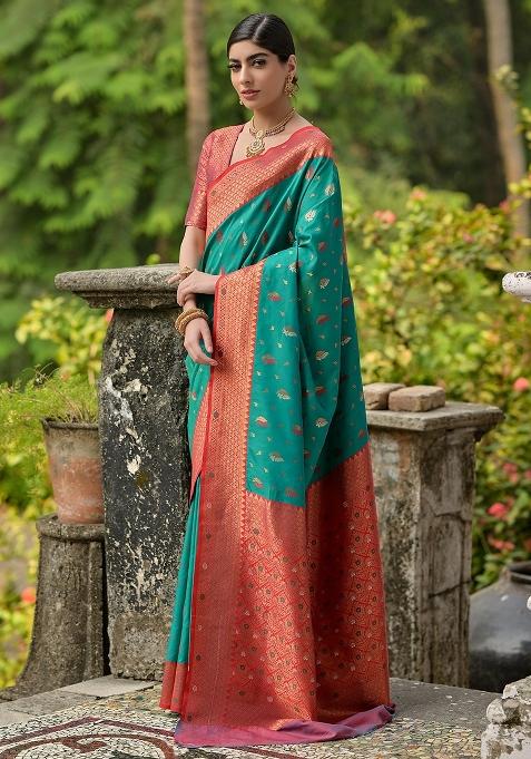 Rama Embroidered Banarasi Silk Saree Set