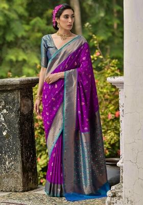 Wine Embroidered Banarasi Silk Blend Saree Set