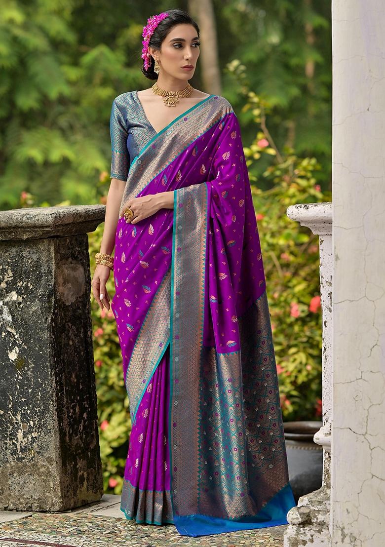 Wine Embroidered Banarasi Silk Saree Set