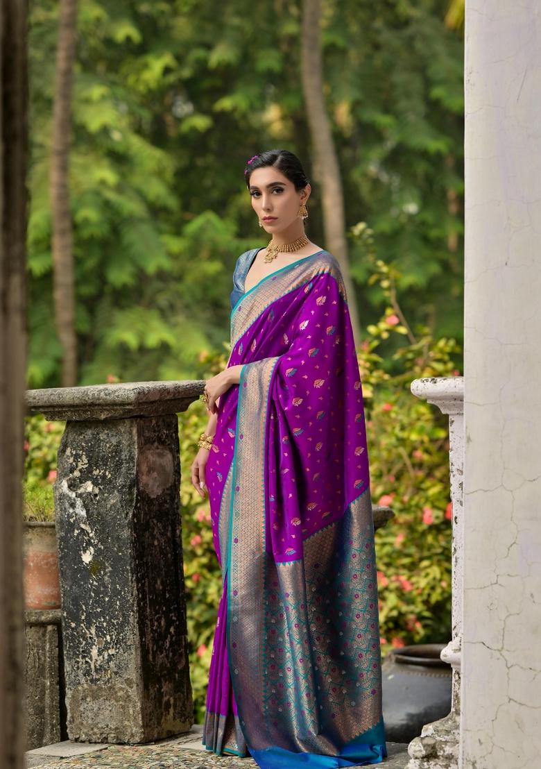 Wine Embroidered Banarasi Silk Saree Set