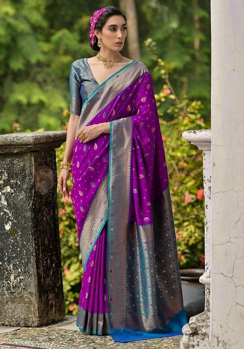 Wine Embroidered Banarasi Silk Saree Set