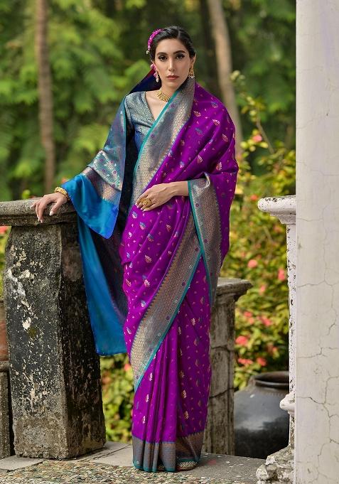 Wine Embroidered Banarasi Silk Saree Set