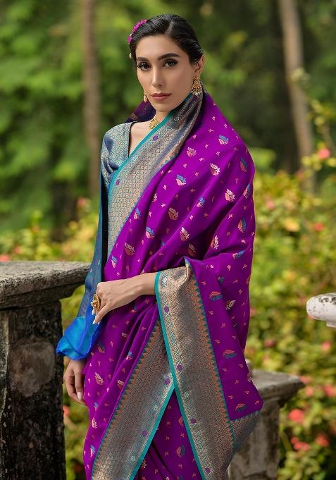 Wine Embroidered Banarasi Silk Saree Set