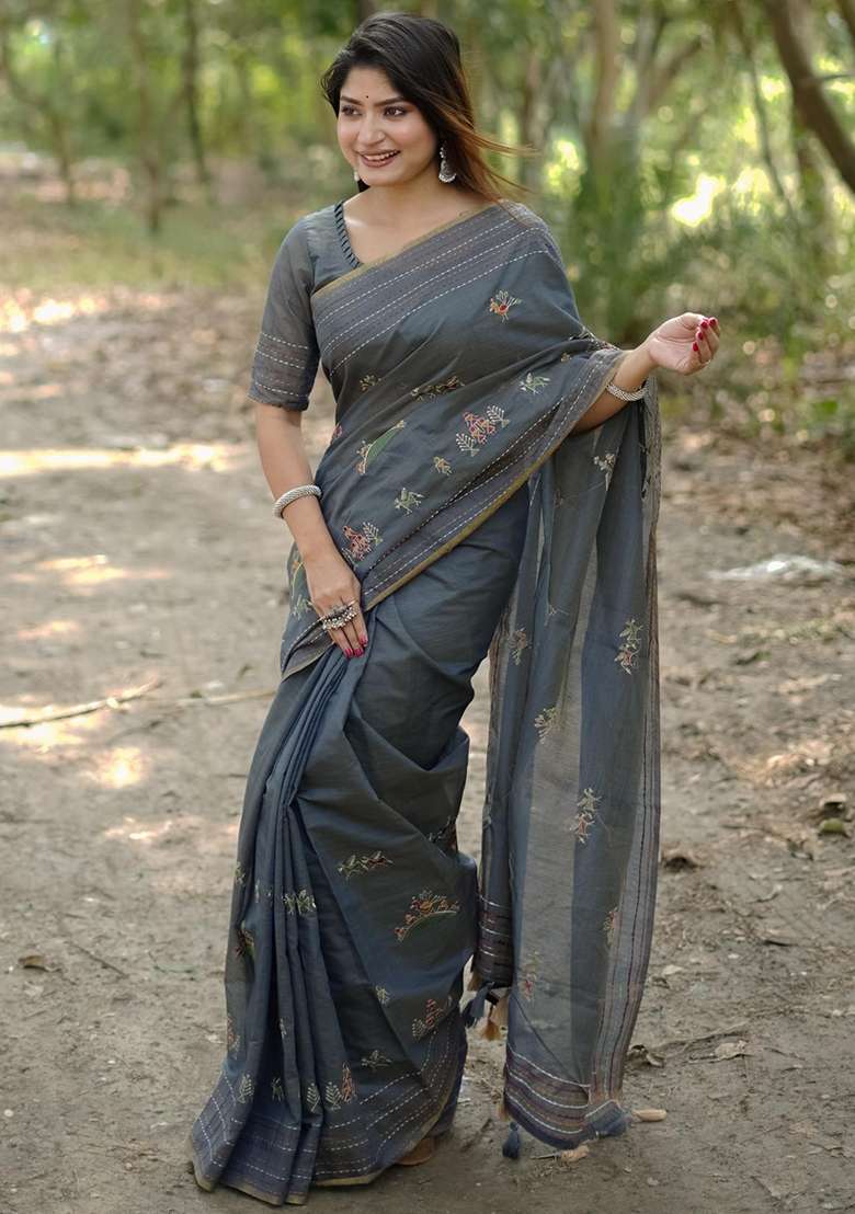 Grey Embroidered Tussar Silk Blend Saree Set for Diwali and Festive Wear - Indya