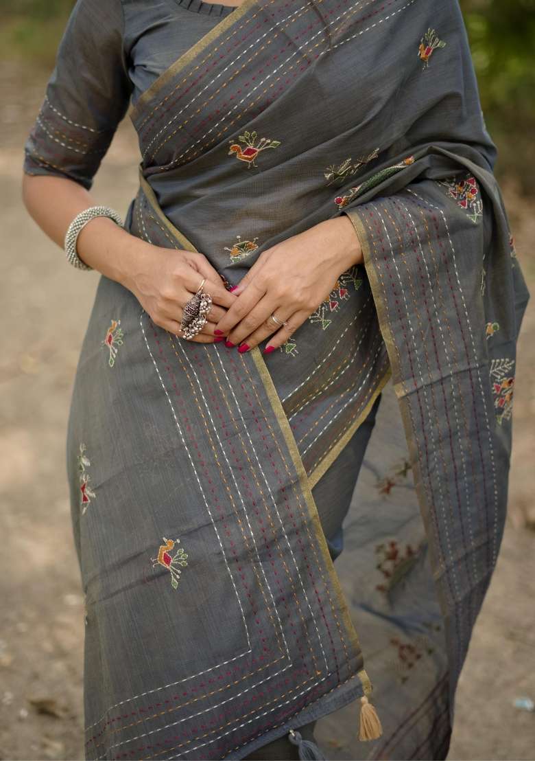 Grey Embroidered Tussar Silk Blend Saree Set for Diwali and Festive Wear - Indya