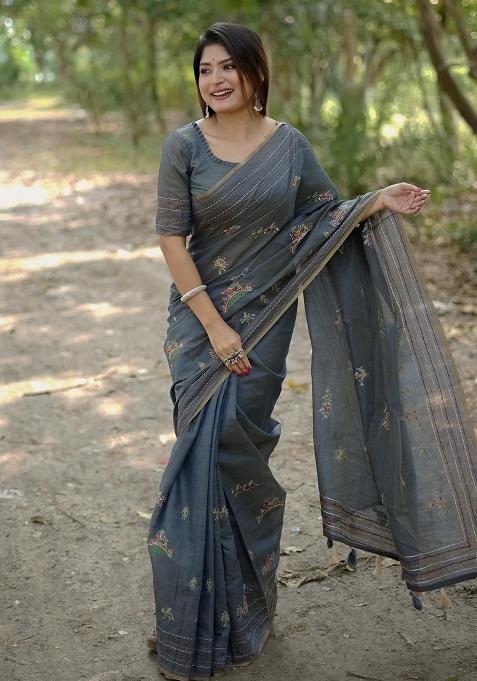 Grey Embroidered Tussar Silk Saree Set