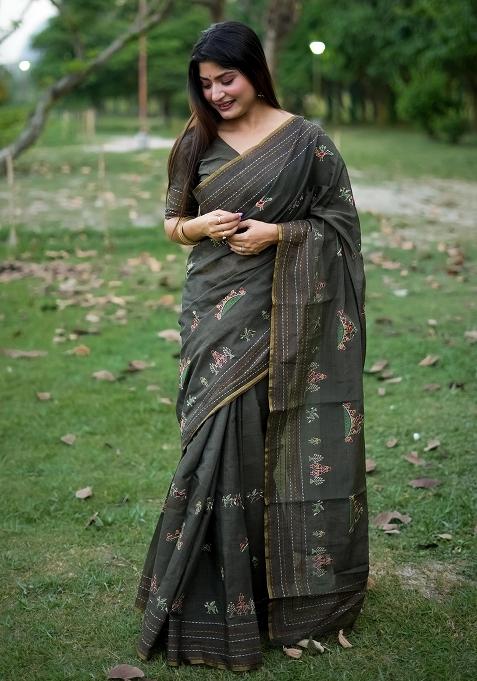 Black Embroidered Tussar Silk Saree Set