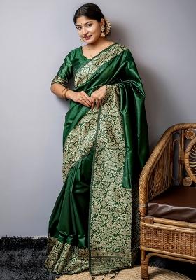 Bottle Green Embroidered Raw Silk Saree Set