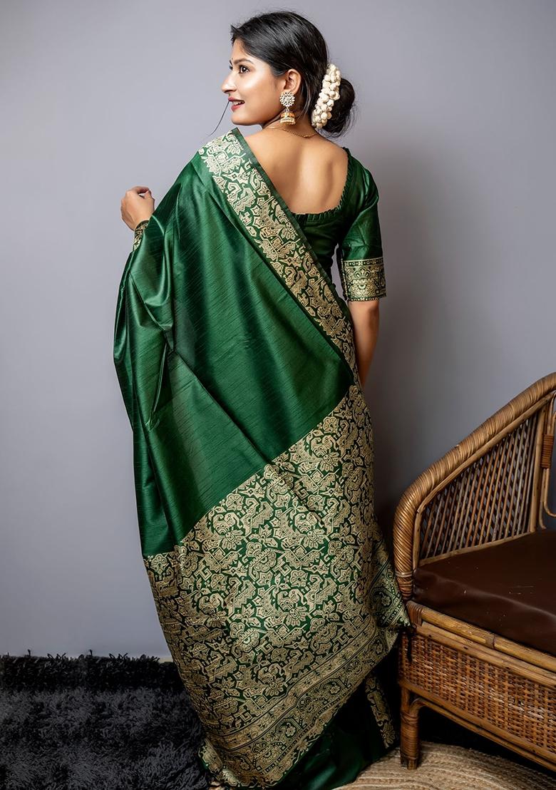 Bottle Green Embroidered Raw Silk Saree Set
