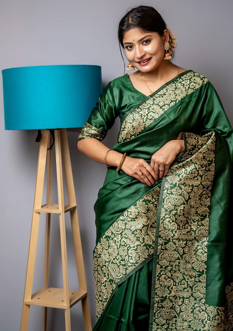 Bottle Green Embroidered Raw Silk Saree Set